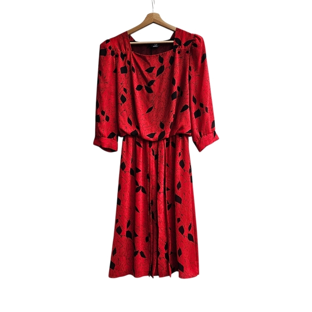 Vintage Classic 70s 80s MAREE Red & Black Floral Midi Dress, Lightweight, Med